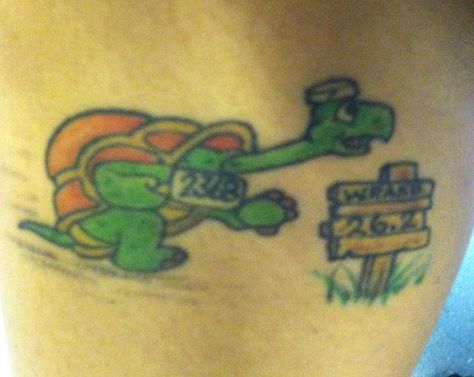 Lisa Nickeson Kiser http://www.runnersworld.com/fun/42-awesome-running-inspired-tattoos/slide/28 Slow And Steady Tattoo, Running Tattoos, Marathon Tattoo, Runner Tattoo, Running Tattoo, Turtle Tattoo Designs, Slow Runners, Tattoo Time, Cartoon Turtle