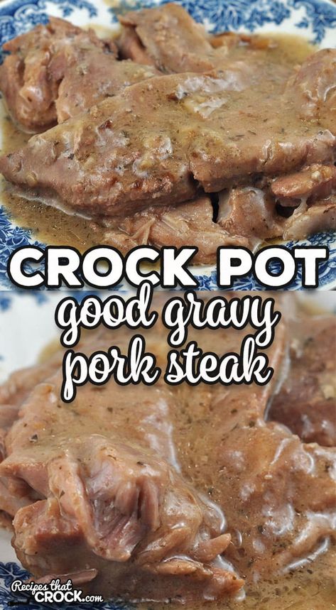 This Good Gravy Crock Pot Pork Steak recipe is super simple to make and gives you fork tender pork steaks with an amazing gravy. Win win! Pork Cubed Steak Recipes Crockpot, Crockpot Tenderloin And Gravy, Pork Steak In Crock Pot Slow Cooker, Pork Round Steak Recipes, Pork Steak In The Crock Pot, Pork Steaks Crockpot Recipes, Pork Sirloin Crock Pot Recipes, Chop Steak Recipe Crock Pot, Pork Loin Steak Recipes Slow Cooker