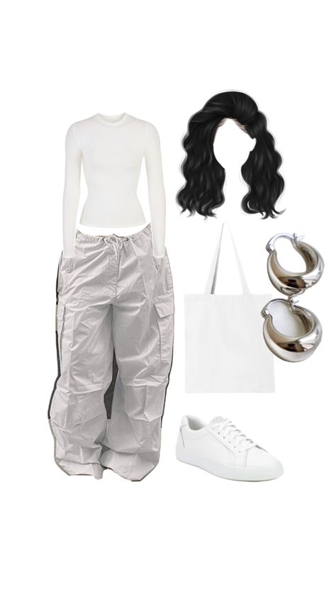 White Long Sleeved Top White Oversized Baggy Cargo Pants White Slip Ons White Tote Bag Silver earrings Outfit White Cargo Pants Outfit, Cargo Jeans Outfit, Silver Earrings Outfit, Jeans Pants Outfit, Cargo Outfit, White Cargo Pants, Earrings Outfit, Baggy Cargo Pants, Cargo Pants Outfit