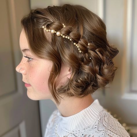 Quincera Hairstyles For Short Hair, Formal Hair For Short Curly Hair, Short Hair Flower Hairstyles, Short Hair Styles For School Dance, Very Short Prom Hairstyles, Short Curly Hair Homecoming Styles, Short Hair Styles For Prom Shoulder Length, Short Updos For Weddings, Short Hair With Pearls