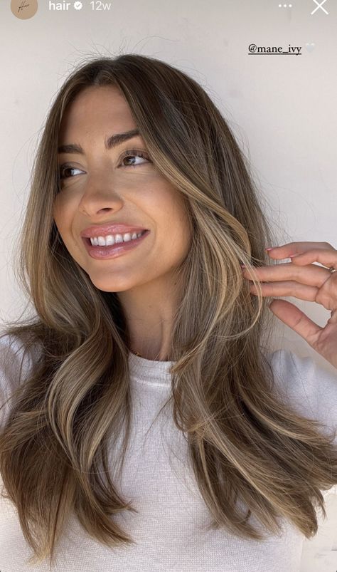 Honey Blonde Balayage Curtain Bangs, Soft Balayage Bronde, Minimalist Hair Color, Brown Blondish Hair Color, Light Brown Hair Fall 2023, Face Frame Lowlights, Highlights No Money Piece, Brunette Hair Inspiration 2023, Light Cool Brown Balayage