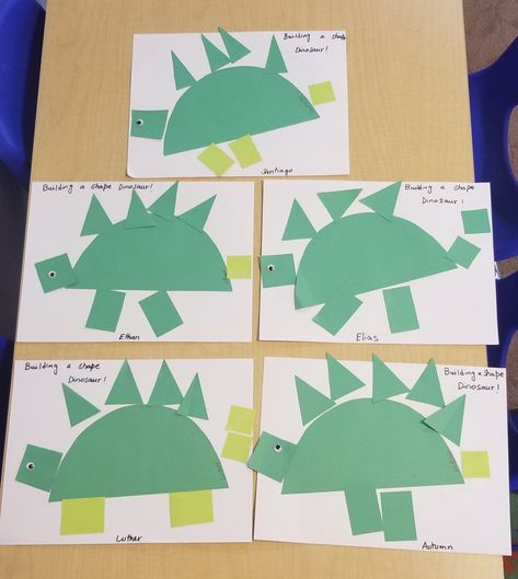 While doing the craft kids enjoyed  a lot to talked about the Stegosaurus - body shape, long or short neck, sharp or flat teeth, four legs or two, three toed or four toed feet, scales on the back . We loved this activity ❤️ Dinosaur Shape Activity, Dinosaur Week Preschool Crafts, Dino Feet Craft, Easy Dinosaur Crafts Preschool, Shape Dinosaurs Preschool, Dino Crafts For Toddlers, Shape Dinosaur Craft, Dinosaur Feet Craft, Dinosaur Preschool Activities Art