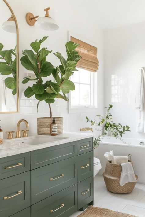 27 Luxurious Gold Bathroom Ideas You’ll Love Bathroom Decor Green Cabinets, Deep Green Bathroom Vanity, Sage Master Bath, Green Gold And Wood Bathroom, Green On Green Bathroom, Grey Green Bathroom Vanity, Olive Green And Gold Bathroom, Brass And Green Bathroom, Bathroom Green And Gold