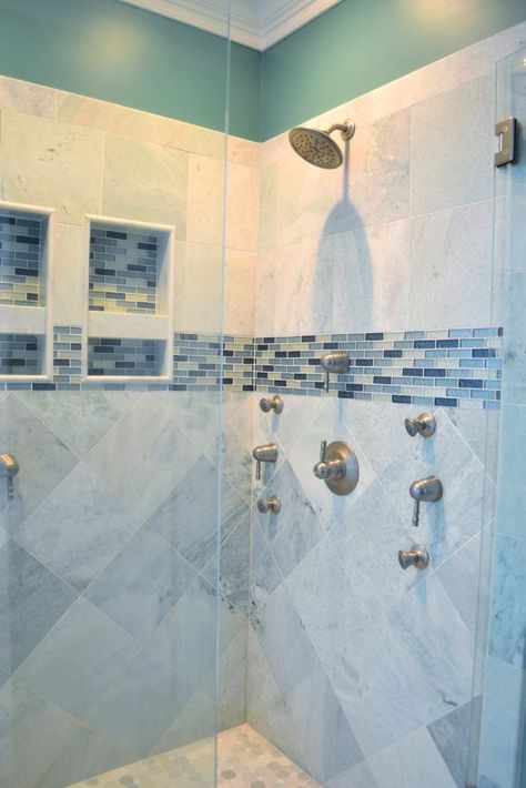 Accent Tile Bathroom, Shower Accent Tile, Blue Shower Tile, Turquoise Bathroom, Tile Accent Wall, Blue Bathroom Tile, Bathroom Accents, Large Bathroom, Bathroom Redesign