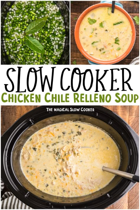 This soup has all the flavors of a chile relleno along with tender chicken. If you love a spicy Mexican soup on a cold night, this recipe is one you'll want to add this chicken chile relleno soup to your meal plan. - The Magical Slow Cooker Chili Relleno Soup Slow Cooker, Crockpot Chicken Poblano Soup, Creamy Chicken Poblano Pepper Soup, Chicken Relleno Soup, Hatch Red Chile Recipes, Poblano Chicken Soup, Chicken Relleno, Chicken Chile Relleno, Spicy Mexican Soup