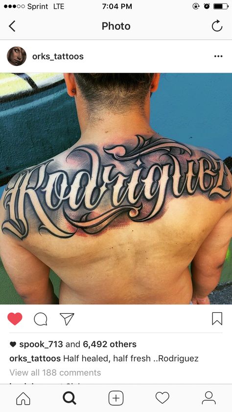 Last Name On Back Tattoo, Last Name Back Tattoos For Men, Name On Back Tattoo, Rodriguez Tattoo Name, Name Back Tattoo, Hand Name Tattoos, Name Tattoos On Back, Last Name Tattoos, Tattoo Lettering Alphabet