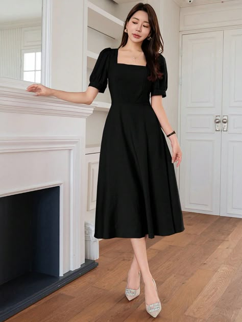 Black Elegant Collar Short Sleeve Woven Fabric Plain A Line Embellished Non-Stretch Summer Women Clothing Black A Line Dress Outfit, Simple Dresses For Graduation, Simple Dresses Casual, Black Plain Dress, Casual Wear Women, Black Dress Outfits, Puff Sleeve Dress, Puffed Sleeves Dress, Women Dresses