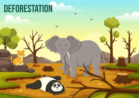 Deforestation Illustration with Tree in the Felled Forest and Burning Into Pollution Causing the Extinction of Animals in Cartoon Hand Drawn Templates Deforestation Illustration, Environmental Activist, Save Our Planet, Be The Change, The Change, Pollution, Vector Art, Hand Drawn, Vector Free