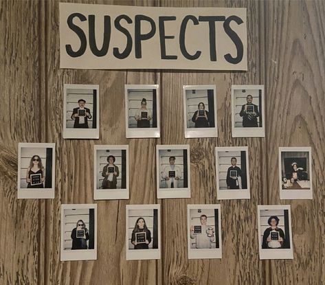 Mystery Birthday Party Decorations, Wanted Party Theme, Mystery Decoration Ideas, Halloween Party College Decoration, Polaroid Mugshot Wall, Ahs Birthday Party, Who Dunnit Party, Halloween Themed 18th Birthday Party, Bonnie And Clyde Theme Party