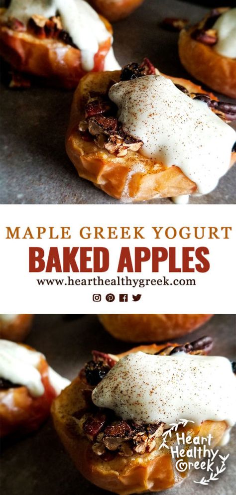 This healthy fall recipe for Baked Apples with Maple Greek Yogurt is perfect for dessert, snack, or even breakfast! #bakedapples #applerecipes #fallrecipes #apples Apple Pie Greek Yogurt, Magical Kitchen, Greek Yogurt Recipe, Heart Healthy Desserts, Greek Yogurt Toppings, Protein Dessert, Baked Apple Dessert, Yogurt Toppings, Yogurt Dessert