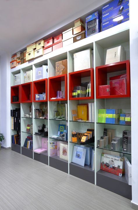 Kyvos Stationery Shop by Lefteris Tsikandilakis, Heraklion – Greece » Retail Design Blog Computer Shop Design, Shelf Design For Shop, Electric Shop Design, Computer Shop Interior Design, Stationery Shop Interior Design, Stationary Shop Design, Stationary Shop Interior, Company Office Ideas, Computer Shops