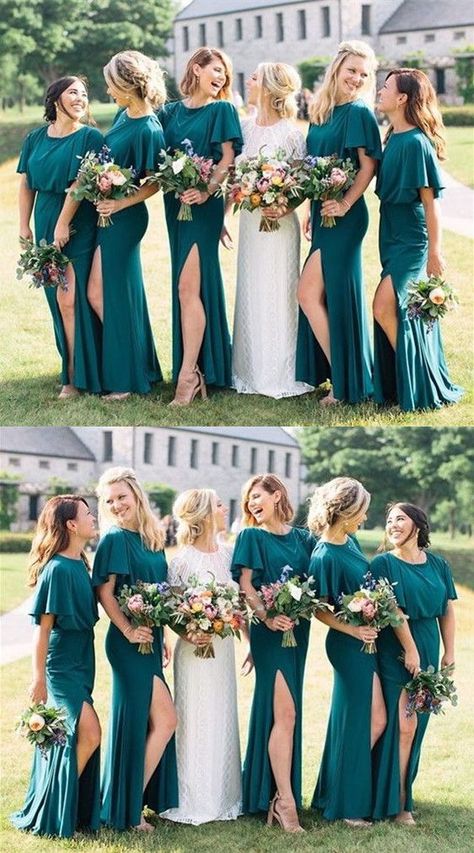 Teal Bridesmaid Dress With Sleeve Bridesmaid Dress With Sleeve, Teal Bridesmaid Dresses Long, Teal Dress For Wedding, Teal Bridesmaid Dress, Teal Blue Weddings, Teal Wedding Colors, Ruffles Sleeves, Teal Bridesmaid, Dress With Sleeve