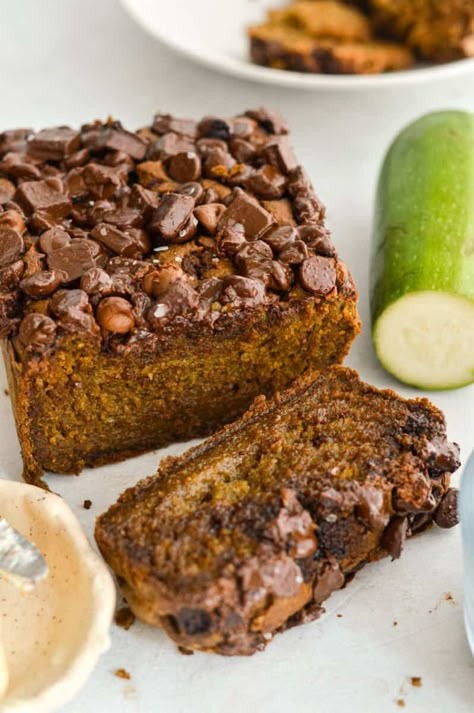 Flourless Chocolate Chip Zucchini Loaf Flourless Zucchini Bread, Clean Zucchini Bread, Chocolate Zucchini Loaf, Healthy Zucchini Bread, Zucchini Desserts, Yummy Muffins, 2024 Meals, Zucchini Loaf, Chocolate Chip Zucchini Bread