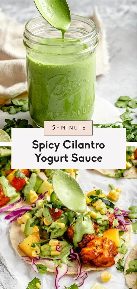 Flavorful and spicy cilantro yogurt sauce made with simple ingredients like creamy greek yogurt, fresh cilantro and jalapeño for the perfect kick of heat. This easy, versatile cilantro yogurt sauce can be used as a dip for veggies or chips, a marinade for your favorite protein, or as a delicious drizzle on top of tacos, nachos, and more! Dip For Veggies, Greek Sauce, Greek Yogurt Sauce, Cilantro Salsa, Jalapeno Sauce, Cilantro Lime Sauce, Cilantro Sauce, Ambitious Kitchen, Sauce For Chicken