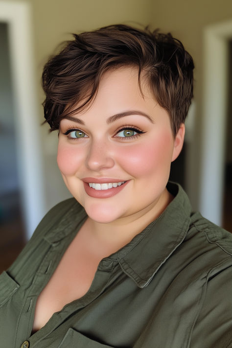 Woman with a pixie haircut flattering a chubby face. Short Hairstyles Plus Size Women, Short Hairstyle For Chubby Face, Hairstyles For Full Faces, Plus Size Pixie Haircut, Pixie Haircut For Chubby Faces, Cabelo Plus Size, Plus Size Hair, Plus Size Pixie, Short Hair Plus Size