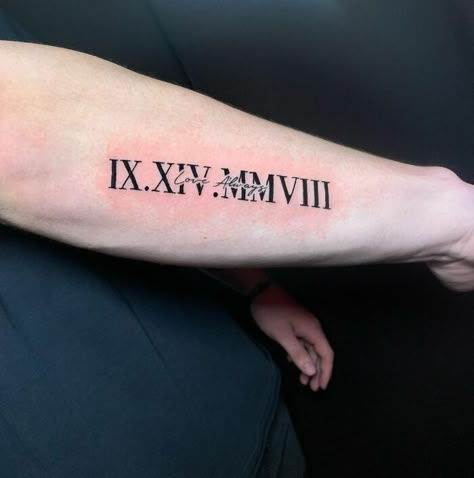 Roman Numerals Memorial Tattoo Roman Numeral Tattoo For Lost Loved One, Memorial Tattoo For Boyfriend, Roman Numeral Memorial Tattoo, Remembrance Tattoo Ideas, In Remembrance Tattoos, Roman Number Tattoo, Memorial Tattoos For Men, Roman Numeral Tattoo Men, Mom Tattoos For Guys