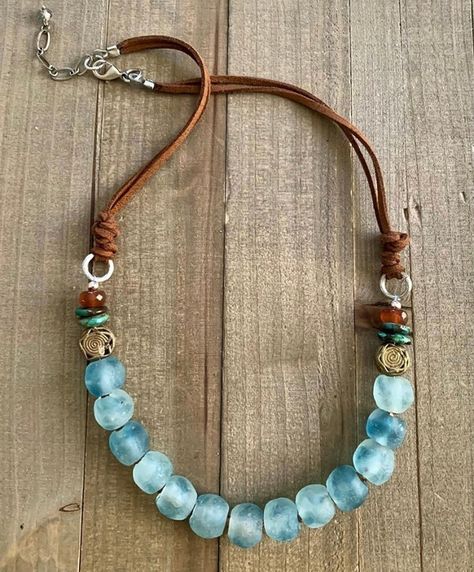 Shop this Instagram.self from @thebeadchest Kadeřnické Trendy, Denim Jewelry, Beaded Jewelry Necklaces, Bracelets Patterns, Bead Projects, Diy Boho, Cord Jewelry, Recycled Glass Bead, Handmade Wire Jewelry