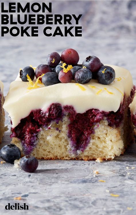 Lemon Blueberry Poke Cake, Blueberry Poke Cake, Blueberry Desserts, Poke Cake Recipes, Vanilla Cake Mixes, Poke Cakes, Sheet Cake Recipes, Easy Summer Desserts, Poke Cake