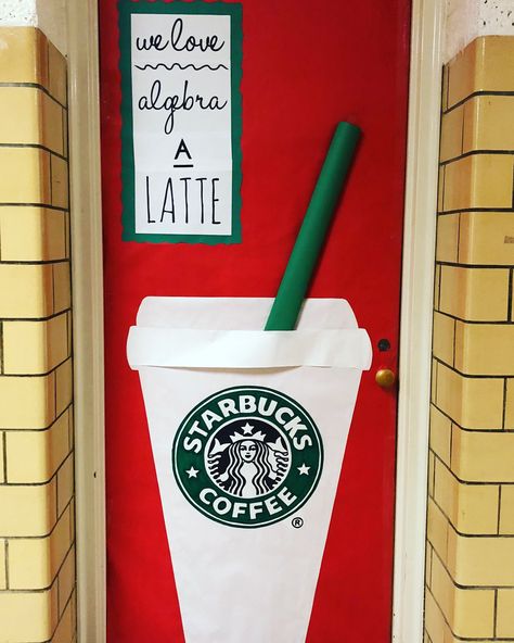 Starbucks Classroom Door Decoration Christmas Math Cafe Classroom, Coffee Door Decorations For School, Starbucks Classroom Door, Starbucks Door Decoration, Starbucks Bulletin Board, Starbucks Classroom Transformation, Starbucks Classroom Theme, Starbooks Cafe Classroom, Starbooks Classroom