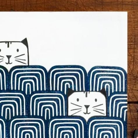 Renee Fly on Instagram: "Happy #caturday my friends! This print combines two things I love - cats (of course 😸) and a Japanese seigaiha (wave) pattern.  . . . . . . . . . . . #seigaiha #japaneseinspired #caturdayart #seigaihapattern #catpattern #catart #catprint #printmaker #handprinted #stampcarving #surfacepatterndesign #get_imprinted #blockprint #patternlove #get_imprinted" Seigaiha Pattern, Block Printing Designs, Linocut Printmaking, Lino Art, Hand Carved Stamps, Stamp Carving, Handmade Stamps, Linocut Art, Fabric Stamping