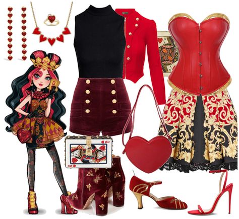 Lizzy Hearts Inspired Outfits, The Queen Of Hearts Outfit, Queen Of Hearts Casual Outfit, Queen Of Hearts Daughter Outfit, Queen Of Hearts Modern Outfit, Modern Queen Of Hearts Costume, Daughter Of The Queen Of Hearts, Queen Of Heart Inspired Outfit, Queen Of Hearts Daughter Descendants