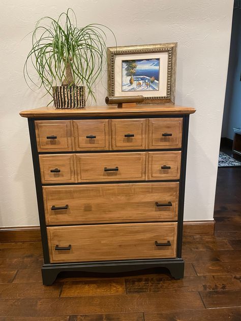 SOLD- DO NOT PURCHASE. shown as example of work. Stunning updated chest of drawers with beautifully finished wood top and drawers stained in walnut with painted black body and modern black hardware.  All finishes are satin sheen.  The drawers are quality dove tail joinery and operate smoothly. This chest is all solid wood, no particle board.  Perfect for beautiful storage anywhere it is needed. Price includes shipping and can be reduced for local pickup in central Oklahoma. Chest Of Drawers Refurbished, Wood Dresser With Black Hardware, Restored Chest Of Drawers, Chest Of Drawers Flip, Black And Stained Dresser, Black Dresser With Wood Top, Wood And Painted Dresser, Black Dresser Diy, Black And Wood Dresser