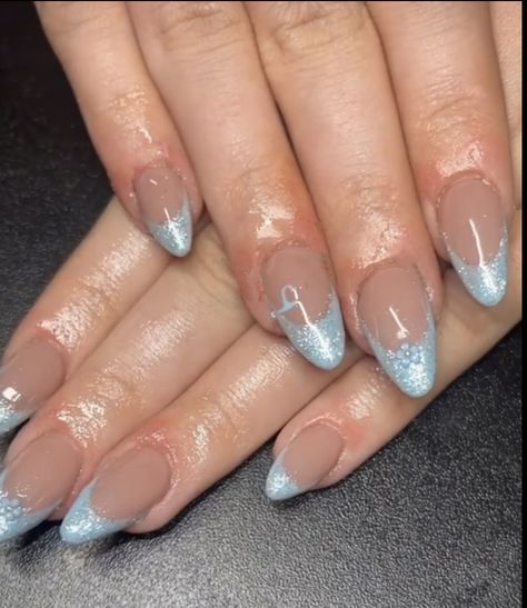 Light Blue Sparkly Nails, Sparkly French Tip, Sparkly French Tip Nails, Blue Sparkly Nails, Sparkly French Tips, Tip Almond Nails, French Tip Almond Nails, Cinderella Nails, French Tip Almond