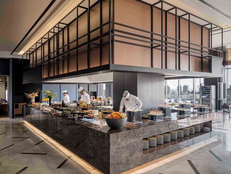 Businesskorea Buffet Restaurant Design, Open Kitchen Restaurant Design, Hotel Kitchen Design, Kitchen Restaurant Design, Open Kitchen Restaurant, Restaurant Lighting Design, Open Buffet, Restaurant Kitchen Design, Hotel Buffet