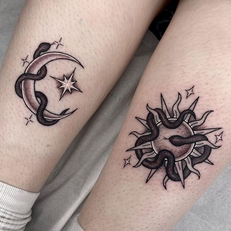 17 Witchy Tattoo Ideas for Your Next Ink - Spiritvibez Witchy Sun Tattoo, Witchy Matching Tattoos, Tattoo Sol E Lua, Sun And Moon Tattoos, Matching Ideas, Matching Friend Tattoos, Sun Tattoo Designs, Bestie Tattoo, Moon Tattoos