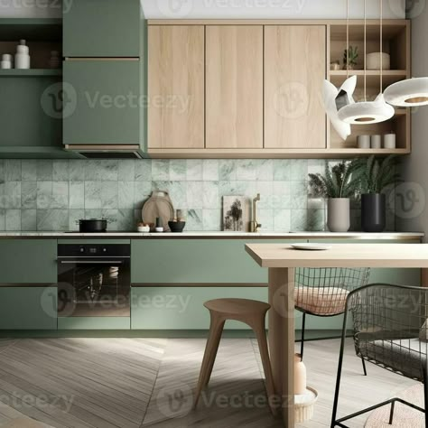 Japandi Kitchen Design Green, Green Kitchen Dining Room, Green Japandi Kitchen, Kitchen Green And Wood, Japandi Kitchen Green, Green Kitchen Palette, Green Kitchen With Island, Green Kitchen With Wood, Contemporary Green Kitchen