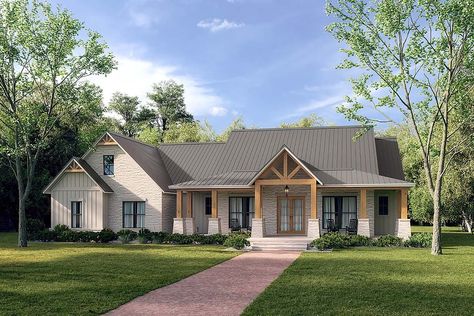 House Rendering, Texas Farmhouse, Luxury Master Suite, Architectural Renderings, Wooden Columns, Craftsman House Plan, Farmhouse Plan, 3 Car Garage, Modern Farmhouse Plans