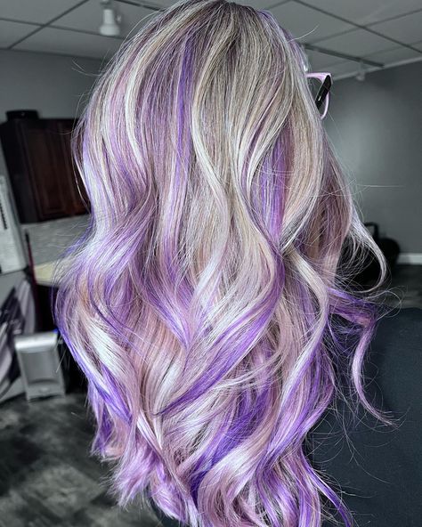 Blonde Hair And Purple Highlights, Purple Highlights With Blonde Hair, Light Purple Streaks In Blonde Hair, Pink And Purple Highlights Blondes, Silver With Purple Highlights, Blonde With Purple Lowlights, Violet Highlights In Blonde Hair, Blonde Hair With Purple Highlights Peekaboo Color, Purple Blonde Hair Highlights