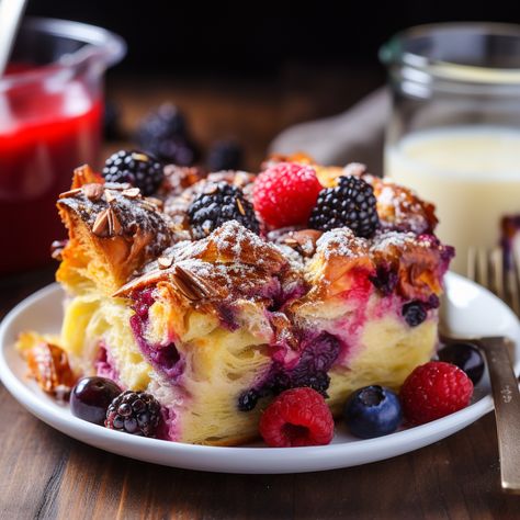 Berry Croissant Breakfast Casserole Berry Breakfast Casserole, Fruit Casserole, Breakfast Casserole Dishes, Croissant Breakfast Casserole, Baked Breakfast Casserole, Cream Cheese Crescent Rolls, Croissant Breakfast, Croissant Recipe, Berry Breakfast