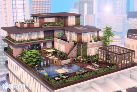 Penthouse Exterior Design, Sims 4 Penthouse Ideas, Penthouse Sims 4, Sims 4 Penthouse, Sims 4 Modern House, Penthouse Ideas, Sims 4 Houses Layout, The Sims 4 Lots, Modern Penthouse