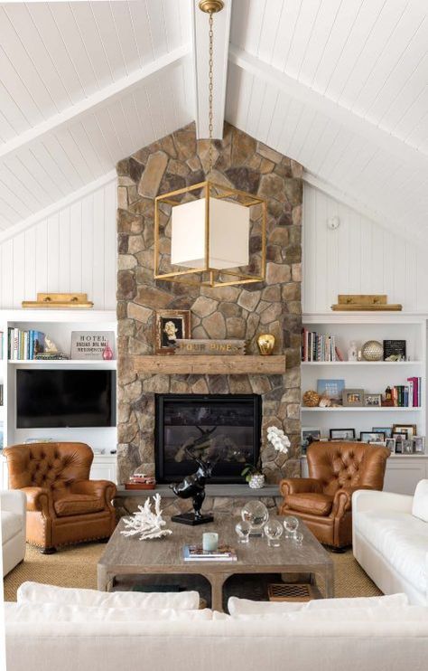 Fireplace With Bookshelves, Bookshelves Around Fireplace, Chimney Decor, Rock Fireplace, Cottage Interior Design, Fireplace Bookshelves, Cottage Interior, Perfect Living Room, Bookshelf Design