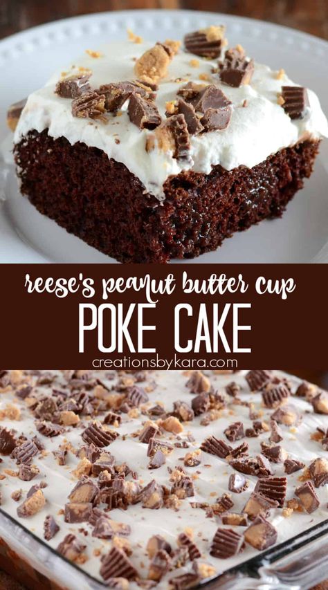 Peanut Butter Chocolate Poke Cake - incredibly moist cake with peanut butter chocolate sauce, whipped cream, and peanut butter cups. A decadent poke cake recipe! #pokecake #peanutbutterpokecake #peanutbutterchocolatecake #chocolatepokecake -from Creations by Kara #pokecake #peanutbutterpokecake #peanutbutterchocolatecake #chocolatepokecake -from Creations by Kara Reeces Cake, Candy Bar Cake, Poke Cake Recipe, Chocolate Poke Cake, Bar Cake, Desert Ideas, Betty Crocker Recipes, Chocolate Peanut Butter Cake, Butter Cake Recipe