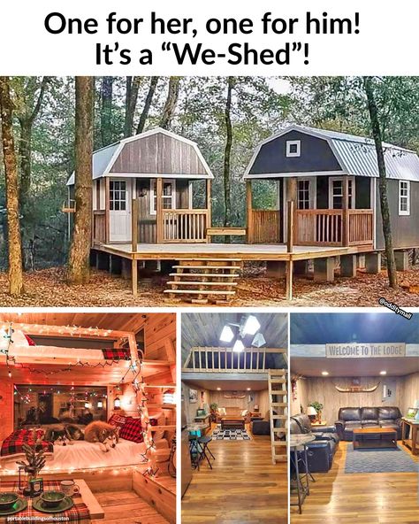 We-Shed Combined She-shed Connected Shed House, His And Her Tiny House, Multiple Shed House, Large Shed To House Conversion, Diy Tiny Home From Shed, Shed Home Layout Ideas, Multi Shed House, Remodel Shed Ideas, His And Hers Tiny House