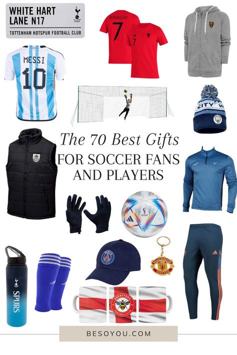 If you love someone who loves soccer, you'll love our list of the best gifts for soccer fans and players! See 70 gift ideas for soccer fans from a former pro soccer player. Learn about the best jerseys, training and workout gear, memorabilia and even Ted Lasso gear your soccer enthusiast is sure to love. Visit the post for all 70 gift ideas. Christmas Gifts For Soccer Players, Gift Ideas For Soccer Players, Soccer Christmas Gifts, Football Related Gifts, Football Gift Ideas For Players, Gifts For Soccer Boyfriend, Football Player Gifts Ideas, Soccer Boyfriend Gifts, Soccer Gifts For Boys