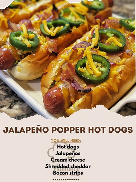 🌶️ Spice up your grill with Jalapeño Popper Hot Dogs! 🌭 #SpicyTreat 🍽️ Jalapeño Popper Hot Dogs 🛒 Ingredients: Hot dogs: 4 Jalapeños: 4, halved and seeded Cream cheese: 4 tbsp Shredded cheddar: 1/2 cup Bacon strips: 4, cooked Hot dog buns: 4 👩‍🍳 Instructions: Prepare: Stuff jalapeños with cream cheese and wrap with bacon. Grill: Cook hot dogs and jalapeños until done. Assemble: Place hot dogs in buns, top with jalapeños and cheddar. Serve: Enjoy your fiery feast! 🔥 Turn up the heat at you... Hot Dogs With Cream Cheese, Stuff Jalapeños, Bacon Wrapped Hot Dog, Cook Hot, Bacon Wrapped Hotdogs, Bacon Grill, Gourmet Hot Dogs, Bacon Wrapped Jalapenos, Jalapeno Poppers