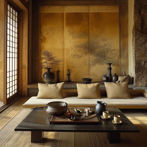 Stylish living room with Japanese influences, including a koi pond and bamboo decor. Japanese Living Room Design, Purple Accent Wall, Japanese Style Living Room, Japanese Living, Japanese Living Room, Victorian Colors, Zen Garden Design, Japanese Interiors, Japanese Colors