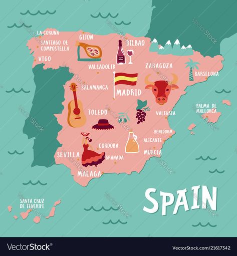 Spain Tattoo, Map Of Spain, Tourist Map, Tattoo Travel, World Party, People Food, Poster Illustration, Travel Map, Vector Map