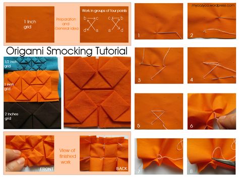 Origami Smocking Tutorial                                                                                                                                                      Más Mode Origami, Fabric Manipulations, Smocking Pattern, Gown Details, Canadian Smocking, Fabric Folding, Smocking Tutorial, Smocking Patterns, Origami Fashion