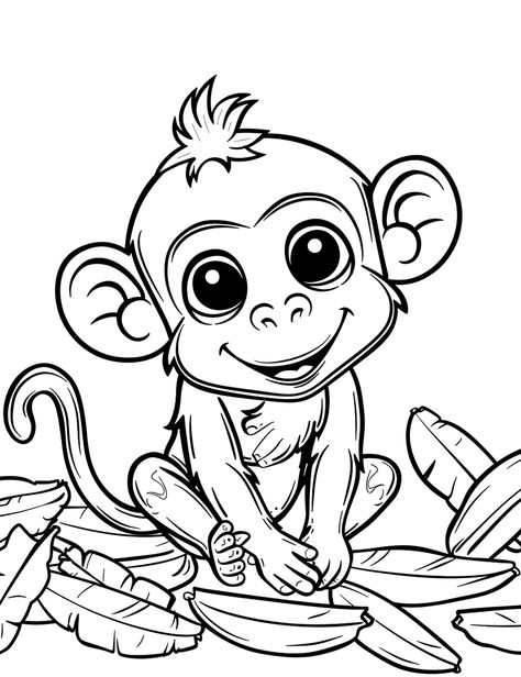 Cute Baby Monkey: A sweet baby monkey sitting and smiling, surrounded by banana peels and leaves. (Free Printable Coloring Page for Kids) Monkey Sitting, Monkey Coloring Pages, Banana Peels, Baby Coloring Pages, Witch Coloring Pages, Bunny Coloring Pages, Birthday Wishes Messages, Simple Line Drawings