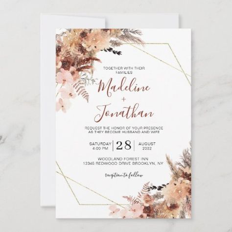 $ 2.92 | Autumn Boho Terracotta Floral Geometry Wedding - rustic terracotta floral watercolor, autumn bohemian wedding, elegant pampas wedding invitation, fall backyard wedding invite, botanical peach orange pampas, watercolor flowers, dried florals, earth tones rustic bloom, gold frame geometry, elegant script calligraphy Pampas Wedding Invitation, Christian Wedding Invitation Wording, Wedding Invitation Card Wording, Fall Backyard Wedding, Christian Wedding Invitation, Wedding Invitation Wording Examples, Christian Wedding Cards, Pampas Wedding, Christian Wedding Invitations