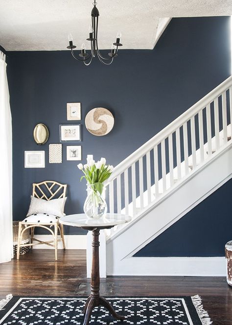 2016 Design Forecast - Navy Rooms Navy Hallway Ideas, Navy Entryway, Sherwin Williams Naval, Hallway Wall Colors, Hallway Colour Schemes, Entryway Paint, Family Room Paint Colors, Family Room Paint, White Hallway