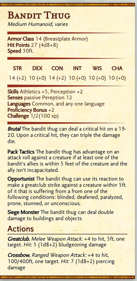 Bandit Stat Block, Bandit Dnd Stats, Bandit Dnd 5e, Dnd Bandit Stats, Fallout Dnd 5e, Western Dnd Campaign, 5e Enemies, Dnd Thug, Dnd Factions