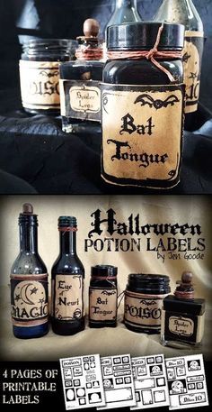 Printable Halloween Potion and Witch's Brew Labels - designed by Jen Goode Diy Apothecary Jars, Halloween Apothecary Jars, Diy Apothecary, Apothecary Jars Decor, Halloween Apothecary Labels, Jars Decor, Halloween Bottle Labels, Witches Kitchen, Halloween Jars