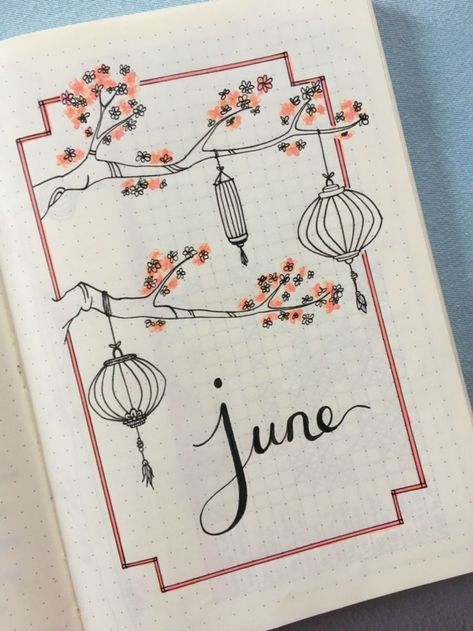 Bullet Journal June Cover Inspiration Journal Book Cover Design, Month Inspiration, Journal June, Art Journal Challenge, Kalender Design, Bullet Journal Page, Doodle Quotes, Art Journal Prompts, Cover Inspiration