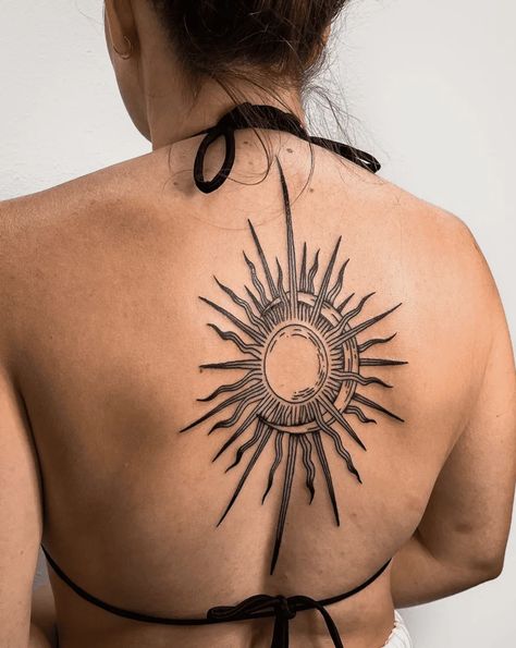 115+ Sun And Moon Tattoo Ideas To Represent The Yin And Yang In Life! Sun And Moon Shoulder Tattoos For Women, Sun Moon Knee Tattoo, Back Sun And Moon Tattoo, Sun Tattoo Behind The Ear, Celestial Sun Art, Moon And Sun Tattoo Ideas, Dragon And Sun Tattoo, Sun And Moon Tattoos For Women, Sun Moon Chest Tattoo