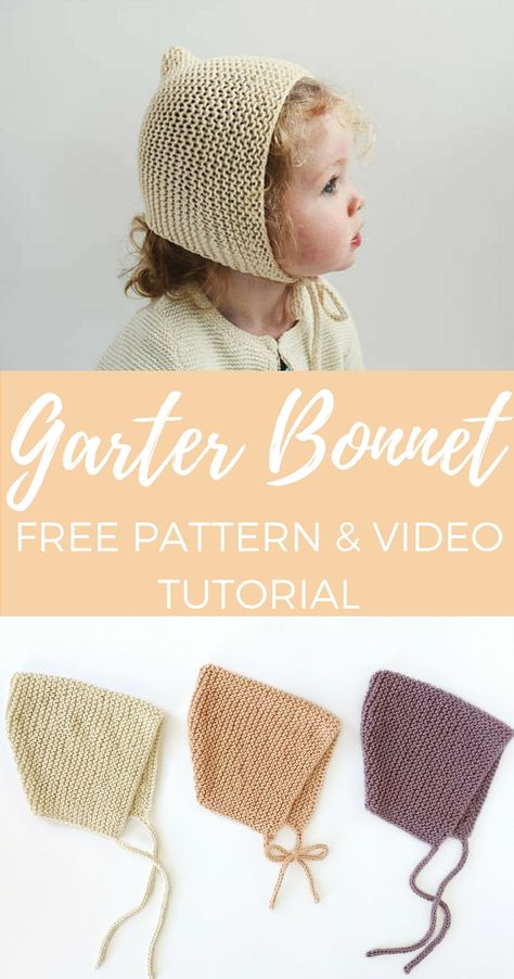 Click for this adorable free bonnet knitting pattern and video tutorial! It's written for newborn through toddler sizes. Baby Bonnet Pattern, Garter Stitch Knitting, Baby Hat Knitting Pattern, Bonnet Pattern, Baby Hats Knitting, Baby Bonnet, Hat Knitting Patterns, Diy Knitting, Knitting For Kids